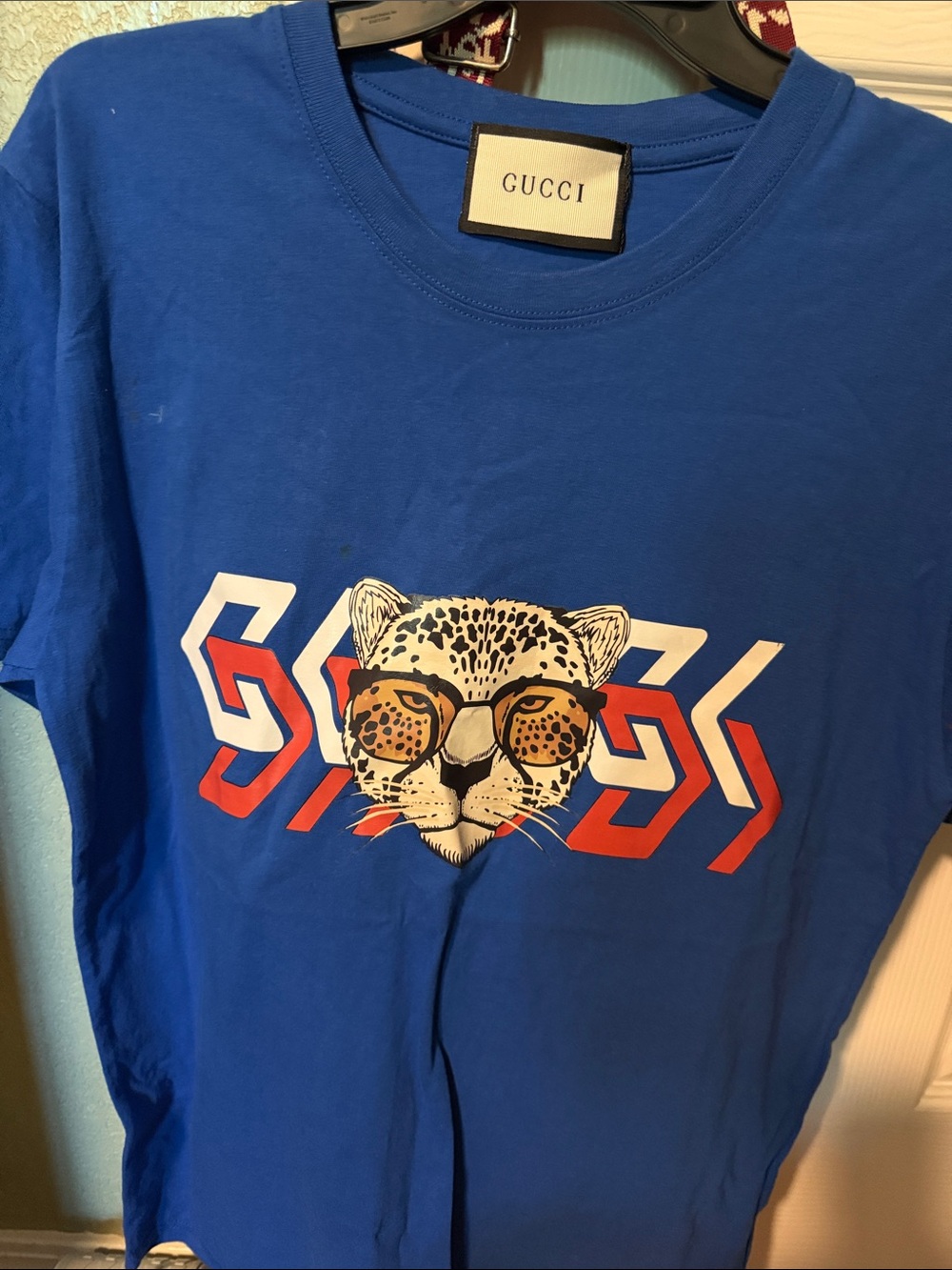 Gucci Royal Blue Tee with Leopard Graphic and Red & White Accents